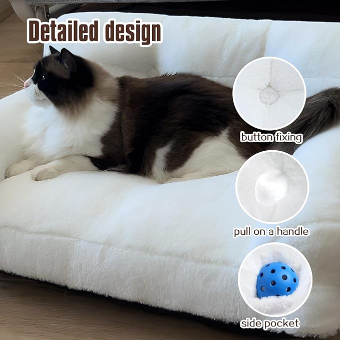 Pet Couch Bed, Washable Cat Beds for Medium Small Dogs & Cats up to 25 lbs, Soft Calming Cat Sofa Beds for Indoor Cats Anti-Slip Bottom，Fluffy Cat Couch (White)