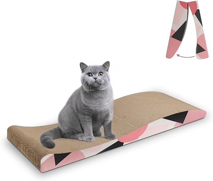 ComSaf Cat Scratcher Carboard Pad Long Curved Foldable 32"x10", Wide Kitty Cat Scratching Pad Recycle Corrugate Scratcher Cat Scratch Lounge Long Lasting Reversible