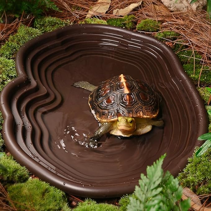 Flushbay Reptile Feeding Water Bowl with Drainage Turtle Water Dish Large Reptile Bathing Dish Pool for Lizard Bearded Dragon Hermit Crabs Semi-Aquatic Pets (Black)