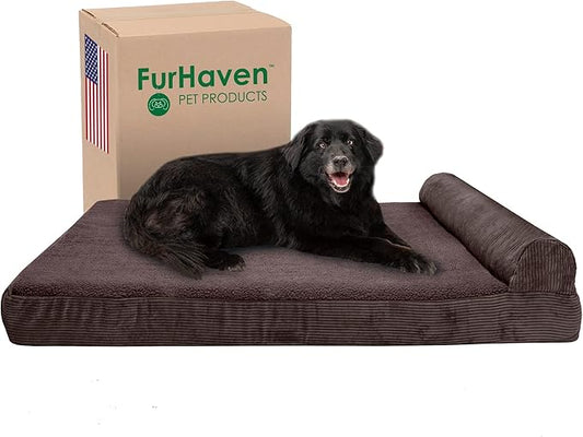 Furhaven Memory Foam Dog Bed for Large Dogs w/ Removable Bolster & Washable Cover, For Dogs UP to 125 lbs - Fleece & Corduroy Bolster Chaise - Dark Espresso, Jumbo Plus/XXL