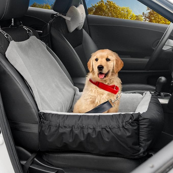 IFurffy Dog Car Seat, Pet Car Seat with Storage Pockets and Clip-On Safety Leash, Washable Coral Fleece Dog Booster Seat for Small Medium Dogs, Small Dog Car Seat for Travel Dog Car Bed (Gray)