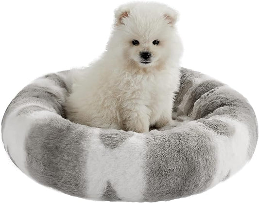Best Friends by Sheri Patterned Lux Faux Fur Calming Small Donut Dog Bed, Gray, 18" x 18"