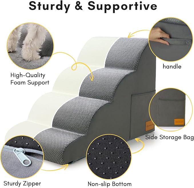 Dog Stairs for Small Dogs, JYpawsiepal dog steps for High Bed and Couch, Pet Ramp with High Density Foam, Non-Slip Balanced Indoor Pet Stairs 5 Step Pet Steps Grey