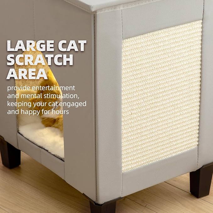 Cat House for Indoor Cats Condo,Cat Furniture with Large Area Cat Scratch Pad Cat Hideaway Cave,Leather Cat Bed Side Table & Nightstand for Living Room and Bedroom Decoration,Grey