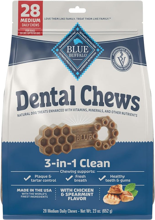 Blue Buffalo Dental Chews Medium Natural Dog Treats, Chicken & Spearmint 23-oz Bag (28 Count)