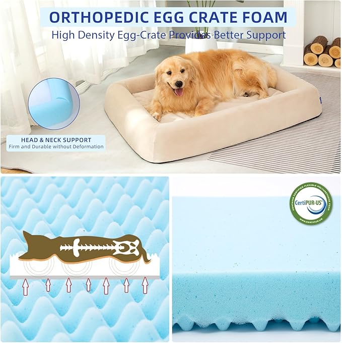 Orthopedic Dog Bed for Large Dogs Waterproof Pet Bed Soft Sofa with Two Fabrics Washable Removable Cover Egg Foam Support Anti-Slip Bottom Extra Head and Neck Support Sleeper,XL Beige