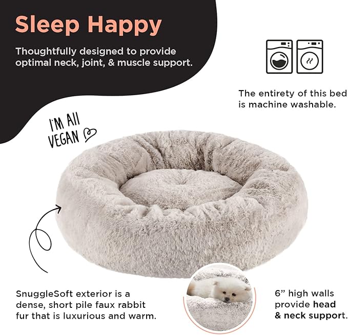 Best Friends by Sheri SnuggleSoft Faux Rabbit Fur Memory Foam Calming Donut Bed for Small Dogs and Cats, Brown, 18" x 18"