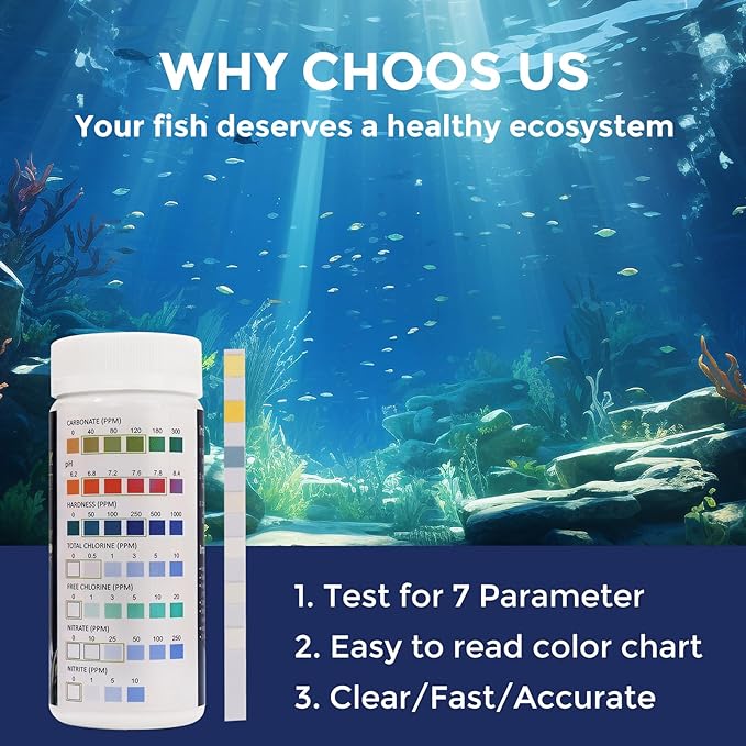 7 in 1 Aquarium Test Strips, 100 Strips Fish Tank Water Quality Test Freshwater Saltwater Test Kit for Test pH, Carbonate, Alkalinity, Hardness, Chlorine, Nitrite, Nitrate Aquarium Water Testing