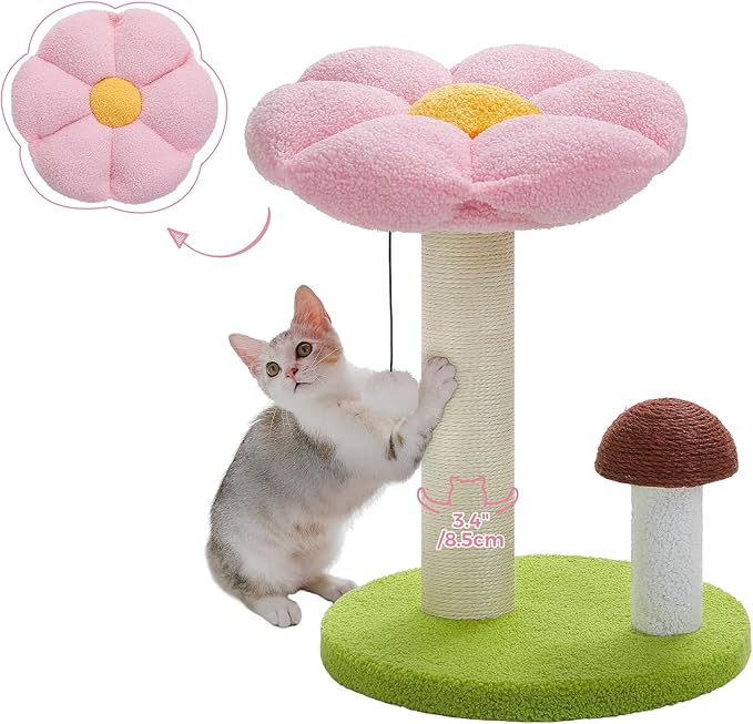 PETEPELA Flower Cat Scratching Post, Mushroom Cat Scratcher Cute with Thick Scratching Post [Dia=3.5''] & Removable Flower Cat Bed, Tall Cat Post for Kittens and Indoor Small Cats, Pink