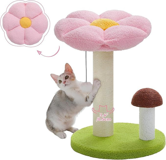 PETEPELA Flower Cat Scratching Post, Mushroom Cat Scratcher Cute with Thick Scratching Post [Dia=3.5''] & Removable Flower Cat Bed, Tall Cat Post for Kittens and Indoor Small Cats, Pink