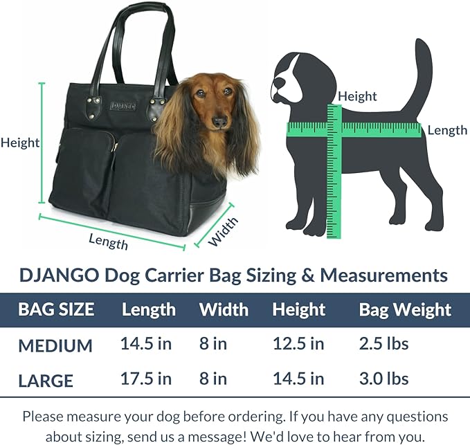 DJANGO Dog Carrier Bag - Waxed Canvas and Leather Soft-Sided Pet Travel Tote with Bag-to-Harness Safety Tether & Secure Zipper Pockets (Medium, Black)
