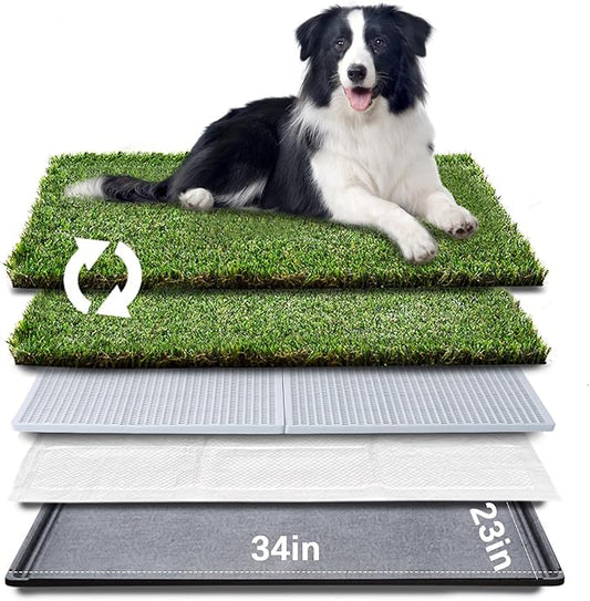 HQ4us Dog Grass Pad with Tray Large 34”×23” Dog Litter Box Toilet with 2×Artificial Grass for Dogs with Hemmed Edge, Pee Pads for Dogs, Realistic, Less Stink, Potty for Balcony