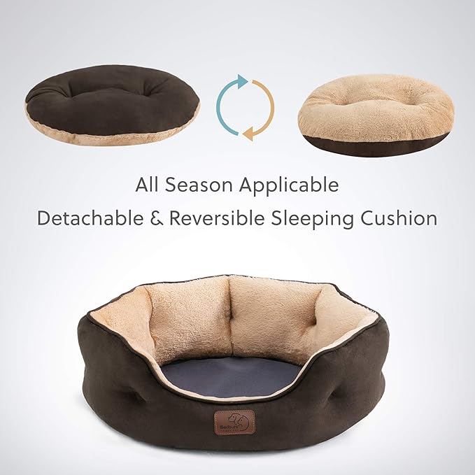 Bedsure Small Dog Bed for Small Dogs Washable - Round Cat Beds for Indoor Cats, Round Pet Bed for Puppy and Kitten with Slip-Resistant Bottom, Brown, 20 Inches