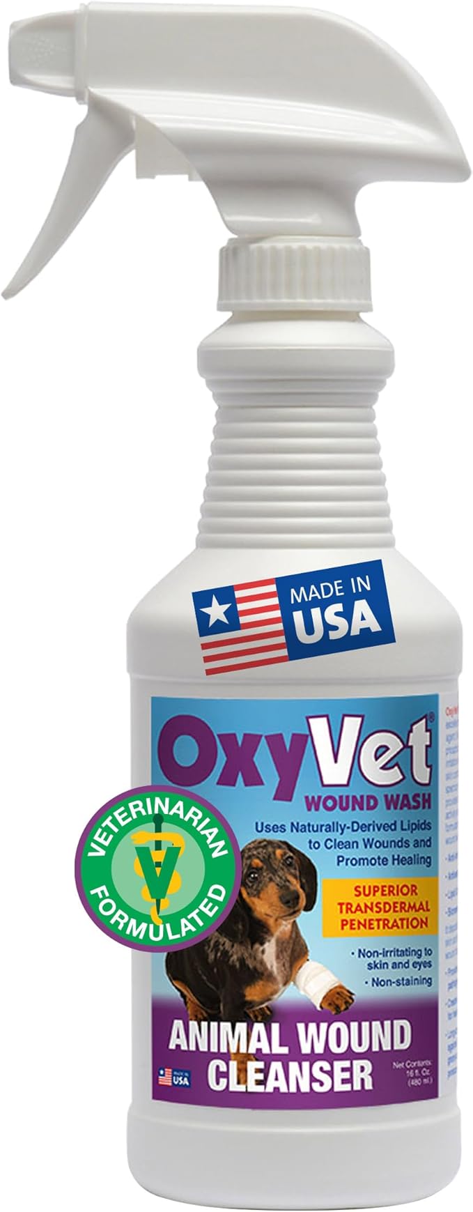 OxyVet Wound Wash for Dogs | Excellent Cleansing Agent | Non-Irritating to Skin and Eyes | Wound Cleanser | Non-Staining Wound and Skin Care | 16 Fl Oz Pet First Aid Spray Bottle