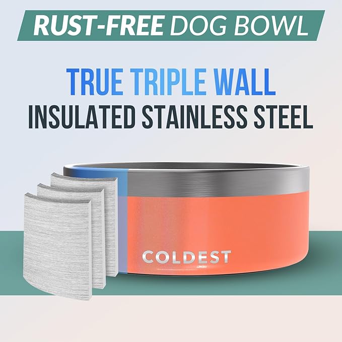 Coldest Dog Bowl - Anti Rust Metal & Non Slip Dog Bowls Large, Spill Proof Heavy Duty 3 Layers Insulated Dog Bowl - Food and Water Bowl for Dogs, Cats & Pets, Dishwasher Safe (64 oz,Candy Red Glitter)