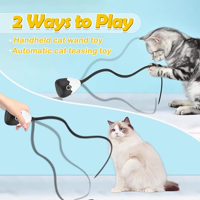 Cat Toys for Indoor Cats, Electronic Interactive Cat Toys, Automatic Silicone Tail Teaser Toy 2 in 1 Cat Wand Toy, Rechargeable Exercise Toy for Kitten-Black