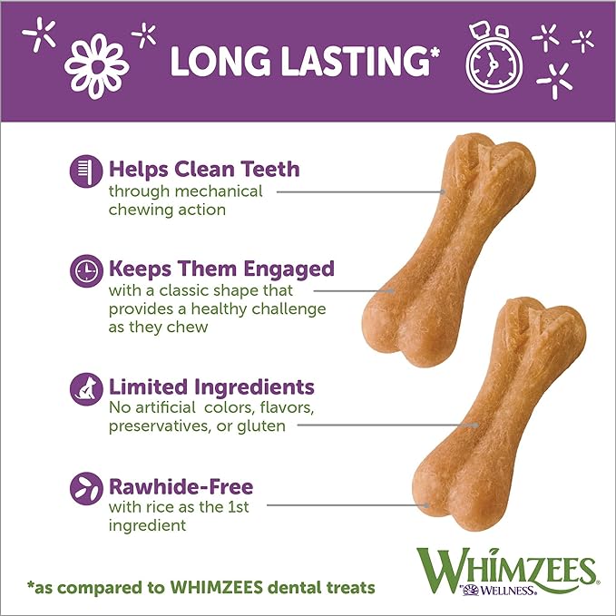 WHIMZEES by Wellness Rice Bone Natural Dog Dental Chews, Long Lasting Treats, Freshens Breath, For Dogs 25-60 lbs, 9 count