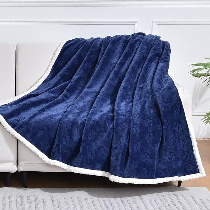 Qeils Dog Blankets for Large Dogs - Waterproof Cat Blanket Washable - Sherpa Fleece Puppy Blanket, Soft Plush Reversible Throw Protector for Bed Couch Car Sofa, 60"X80", Navy Blue