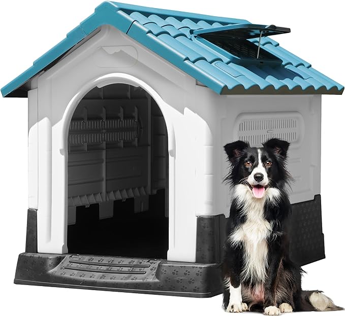 YITAHOME 33.1'' Folding Large Dog House Outdoor Plastic Doghouse with Adjustable Skylight and Elevated Base Water Resistant Pet House for Small, Medium Dogs (33.1''L*27.6''W*30''H)