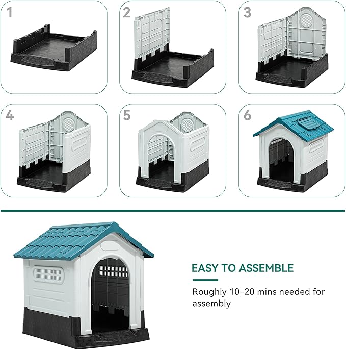 YITAHOME 41.3'' Folding Large Dog House Outdoor Plastic Doghouse with Adjustable Skylight and Elevated Base Water Resistant Pet House for Small, Medium, and Large Dogs (41.3''L*34.6''W*39''H)