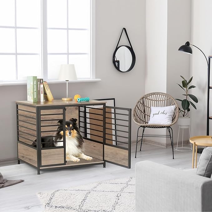 Dog Crate Furniture, Melos Wooden Heavy Duty Dog Cage Side End Table, Indoor Dog Kennel, Decorative Style Steel Tube Structure Pet Crate House for Large/Medium/Small Dog, Gray