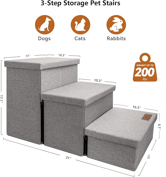 Dog Stairs, Dog Steps for High Beds 17.1" H, Folding Pet Stairs for Small Medium or Large Dogs Puppy with Storage for Bed and Couch, Cat Ramp for Car Hold Up to 200 lbs (Smok Gray, 3 Steps no Condo)