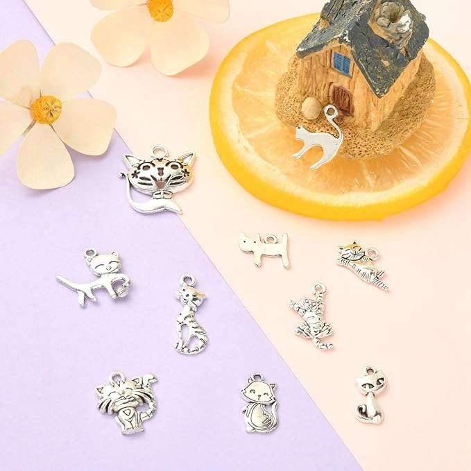 Stiesy 100 Pcs 10 Styles Tibetan Style Cat Charms Antique Silver Cute Kitten Pet Charms Pendants for DIY Bracelet Necklace Jewelry Making