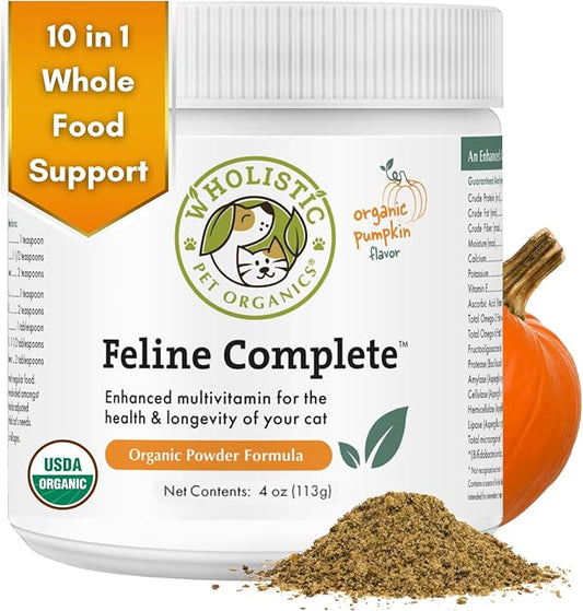 Wholistic Pet Organics Feline Complete: Cat Multivitamins Powder - Immune Support Supplements for Cats - Antioxidants - Organic Pumpkin Flavor - 4 oz