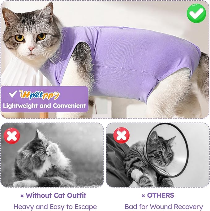 Cat Recovery Suit for Spay Abdominal Wound, Breathable Kitten Onesie for Cats After Surgery, Anti Licking Cat Cone Alternative, Pet Surgery Recovery Shirt-Purple(L)