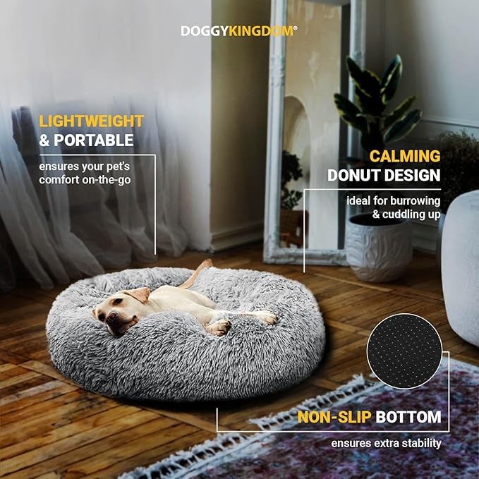 Calming Round Donut Dog Bed Pillow, Washable, Anti Anxiety, Anti-Slip, Cozy Soft Cuddler Comfort Bed with Fluffy Plush Faux Fur for large medium small Sized Dog - Khaki, M 31 inch