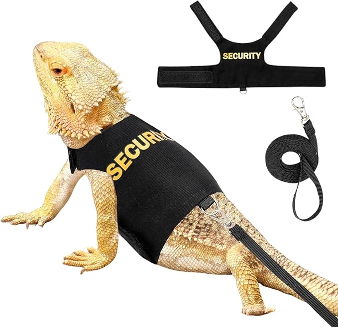 Bearded Dragon Harness and Leash Set - Adjustable Lizard Traction Rope Escape Proof Outdoor Walking Training Leash Reptile Security Costume Accessories for Bearded Dragon Lizard Small Pets (Black)