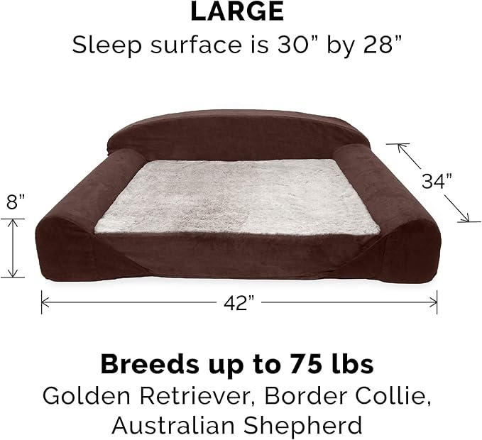 Furhaven Orthopedic Dog Bed for Large/Medium Dogs w/ Removable Washable Cover & Reversible Foam Cushion, For Dogs Up to 75 lbs - Luxury Edition Faux Fur & Suede Sofa - French Roast, Large