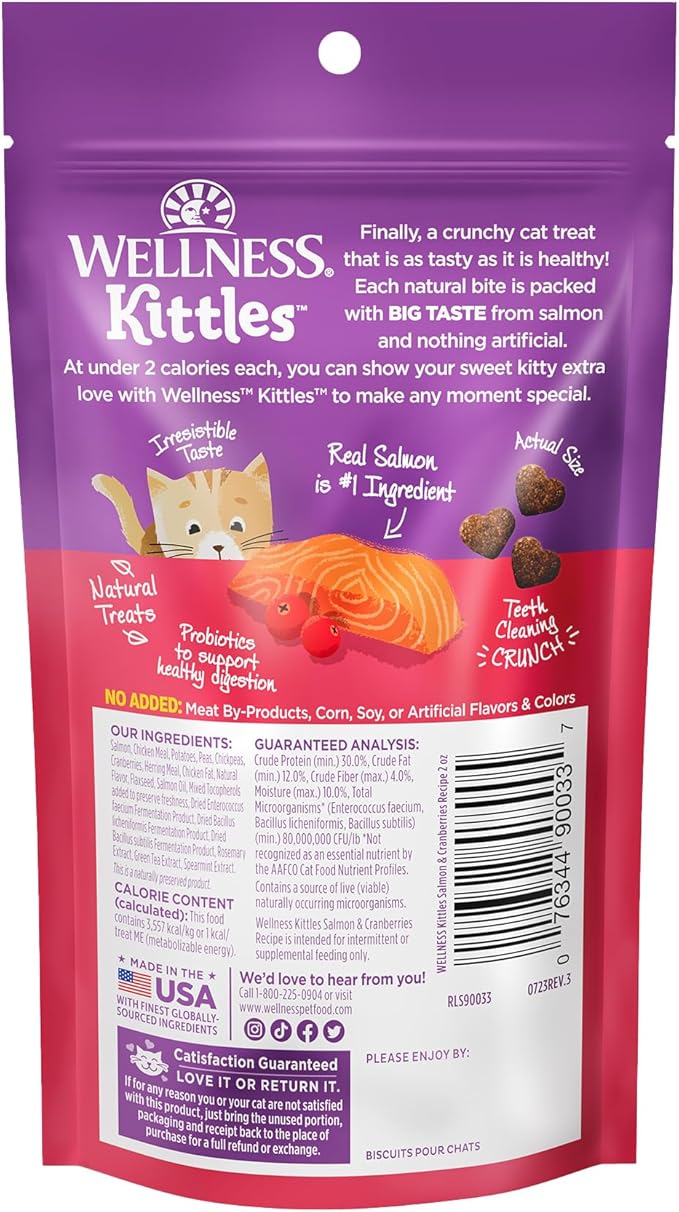 Wellness Kittles Crunchy Natural Grain Free Cat Treats, Salmon & Cranberry, 2-Ounce Bag (Package May Vary)