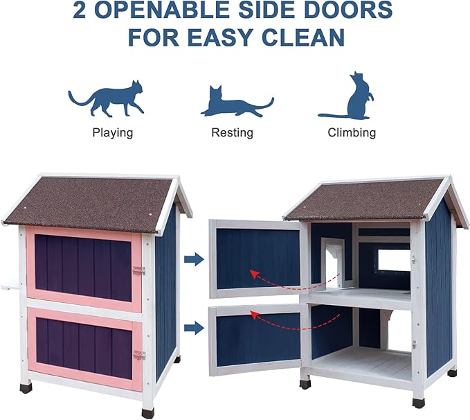 HiCaptain Weatherproof Cat House for Outdoor, 2 Story Feral Cat House with Balcony and Escape Door, Outside Wooden Pet Shelter for Small Animal-Blue