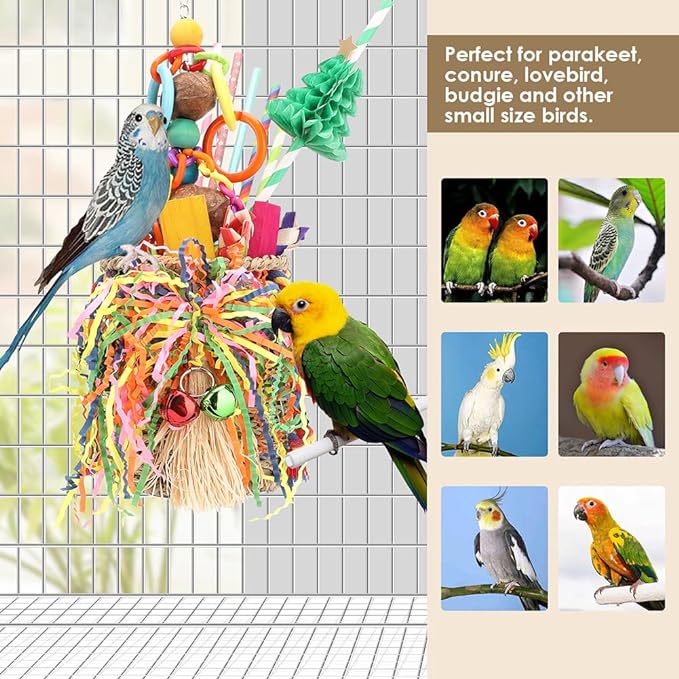 Bird Toys,Seagrass Foraging Basket Bird Toy with Colorful Crinkly Paper Wooden Blocks Paper and Bamboo Fingers Nuts DIY Honeycomb Tree for Small Parrot Birds