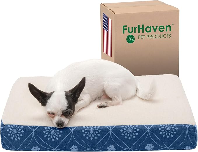Furhaven Memory Foam Dog Bed for Small Dogs w/ Removable Washable Cover, For Dogs Up to 20 lbs - Sherpa & Flannel Paw Print Deluxe Mattress - Twilight Blue, Small