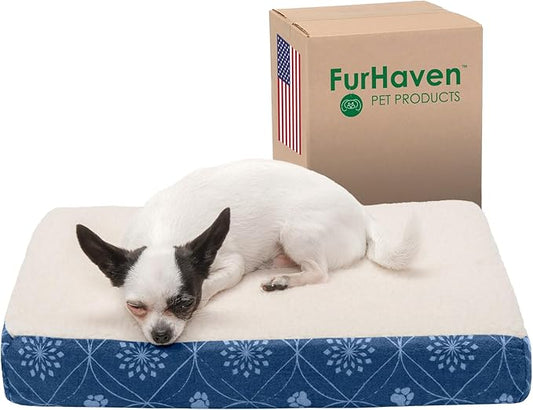 Furhaven Memory Foam Dog Bed for Small Dogs w/ Removable Washable Cover, For Dogs Up to 20 lbs - Sherpa & Flannel Paw Print Deluxe Mattress - Twilight Blue, Small