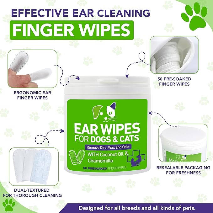 Pet Ear Wipes for Dogs and Cats - Dog Ear Cleaner Wipes, Cleaning and Deodorizing - Remove Debris & Wax, Improve Ear Itching, and Infections - 50 Count Finger Wipes