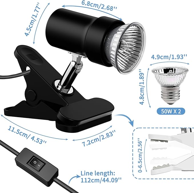 Reptile Heat Lamp, Rotatable UVA/UVB Light Lamp with 2PCS 50W Basking Bulbs, Suitable for Reptiles, Amphibians, Turtle, Lizard, Spiders, Birds, Snake (Black)