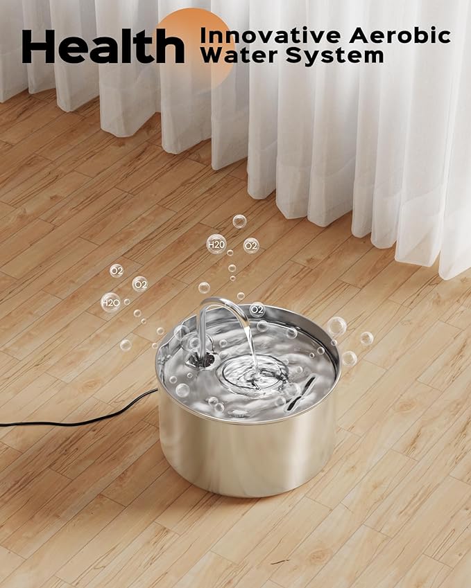 Cat Water Fountain + 8 Filters + 8 Sponges, 304 Stainless Steel Pet Water Fountain, 24 Hours Keep The Water Clean, 74oz Capacity, Ultra-Quiet, No Sputter, Compact, Easy Cleaning