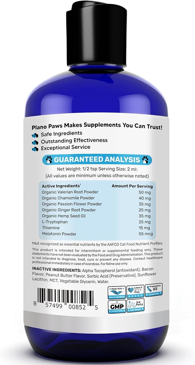 Cat Anxiety Relief 90 Day Supply - Faster Absorption Than Cat Calming Treats - Cat Calming Products for All Ages - Liquid Calming Cat Treats for Sleep Aid - 8 Ingredient Blend + Cat Melatonin