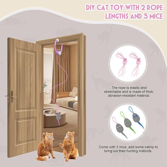 Cat Toy Interactive for Indoor Cats, Smart USB Rechargeable Door Hanging Automatic Retractable Kitten Toys, Teaser Electronic Self Play Feather Cat String Toys Attached with 3 Catnip Mice Purple