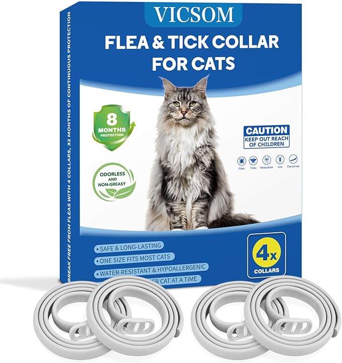 4 Pack Flea Collar for Cats, Cat Flea and Tick Collar 8 Months Prevention Cat Flea and Tick Treatment, Waterproof Adjustable Cat Flea Collar, Natural Anti Tick and Flea Collar for Kitten, White