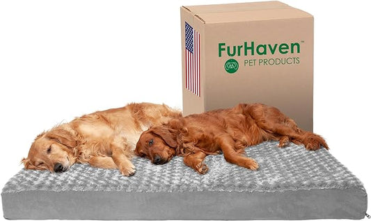Furhaven Memory Foam Dog Bed for Large Dogs w/ Removable Washable Cover, For Dogs Up to 125 lbs - Ultra Plush Faux Fur & Suede Mattress - Gray, Jumbo Plus/XXL