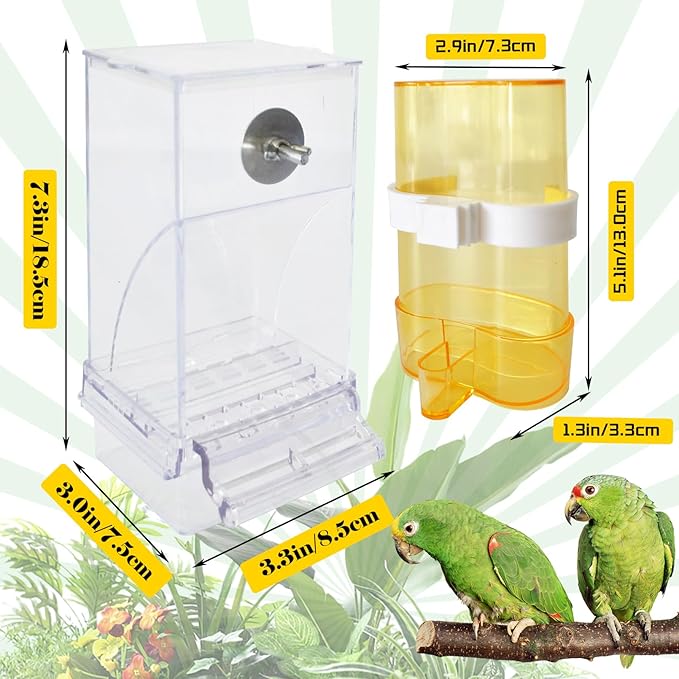 kathson No Mess Bird Feeder Water Dispenser Set,Automatic Parakeet Feeders Drinker Cage Acrylic Parrot Seed Food Dispenser Container Accessories for Small Lovebirds Canary Budgies Finch Squirrel(2Pcs)