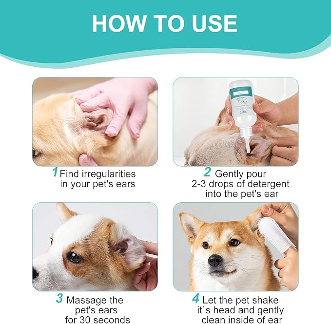 Dog Ear Cleaner Set, 4oz Dog Ear Cleaning Solution & 20pcs Cotton Swabs & 20pcs Finger Covers, Ear Cleaner for Cats