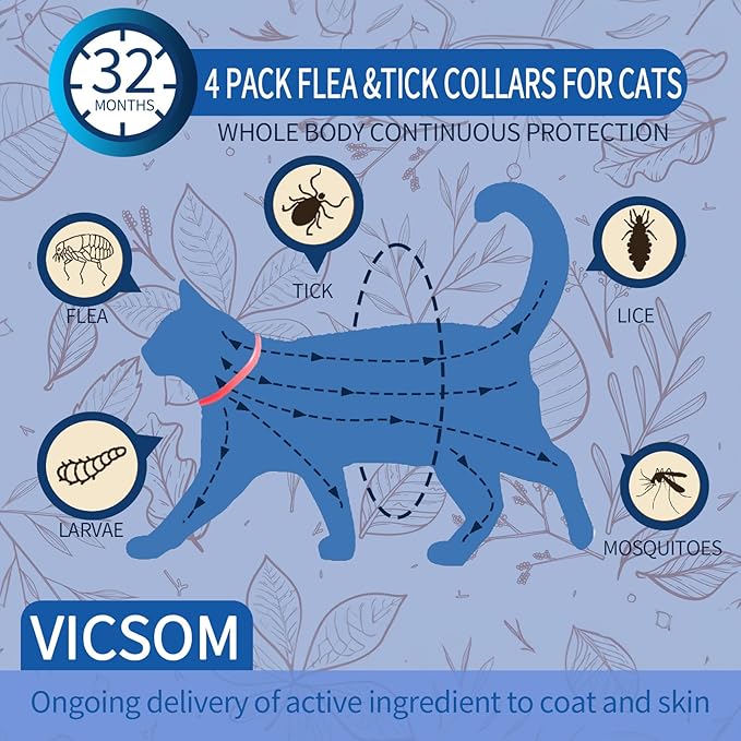 4 Pack Flea Collar for Cats, Cat Flea and Tick Collar 8 Months Prevention Cat Flea and Tick Treatment, Waterproof Adjustable Cat Flea Collar, Natural Anti Tick and Flea Collar for Kitten, Red