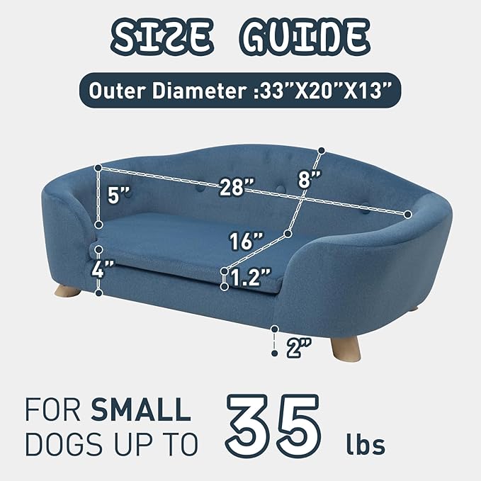 SHAVI Large Dog Couch, 35" Wide Pet Sofa for Large and Medium Dogs with Removable Mattress Cover, Luxury Raised Dog Couch Velvet Lounging Bed with Anti-Slip Bottom(Navy Blue)