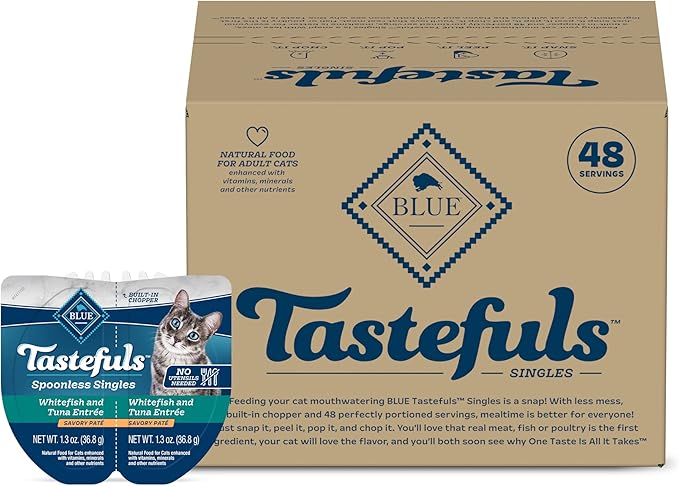 Blue Buffalo Tastefuls Spoonless Singles Adult Pate Wet Cat Food, Whitefish and Tuna Entrée, Perfectly Portioned Cups in (24) 2.6-oz Twin-Pack Trays