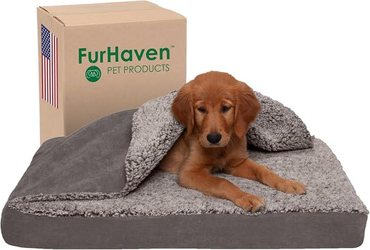 Furhaven Cooling Gel Dog Bed for Medium/Small Dogs w/ Removable Washable Cover, For Dogs Up to 35 lbs - Berber & Suede Blanket Top Mattress - Gray, Medium